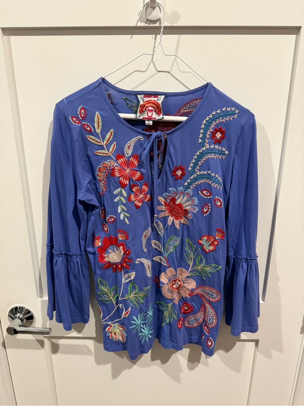 Johnny Was 100% Cotton Embroidered Blue Floral Peasant Top XS